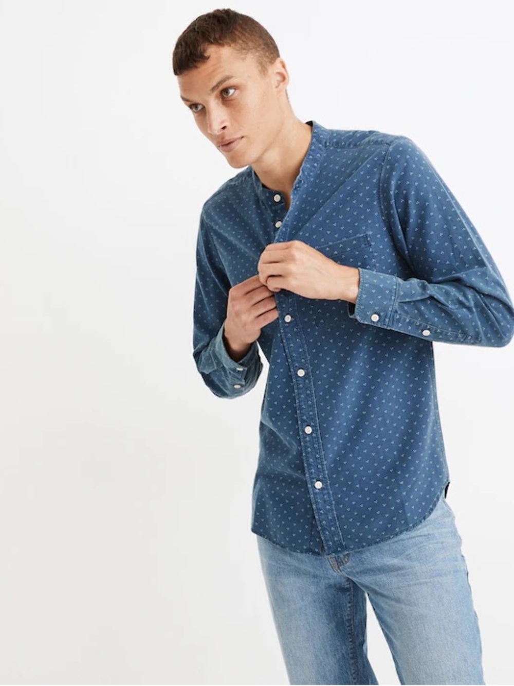 NWT Madewell Denim Banded-Collar Perfect Shirt in Indigo Dot, Size Medium